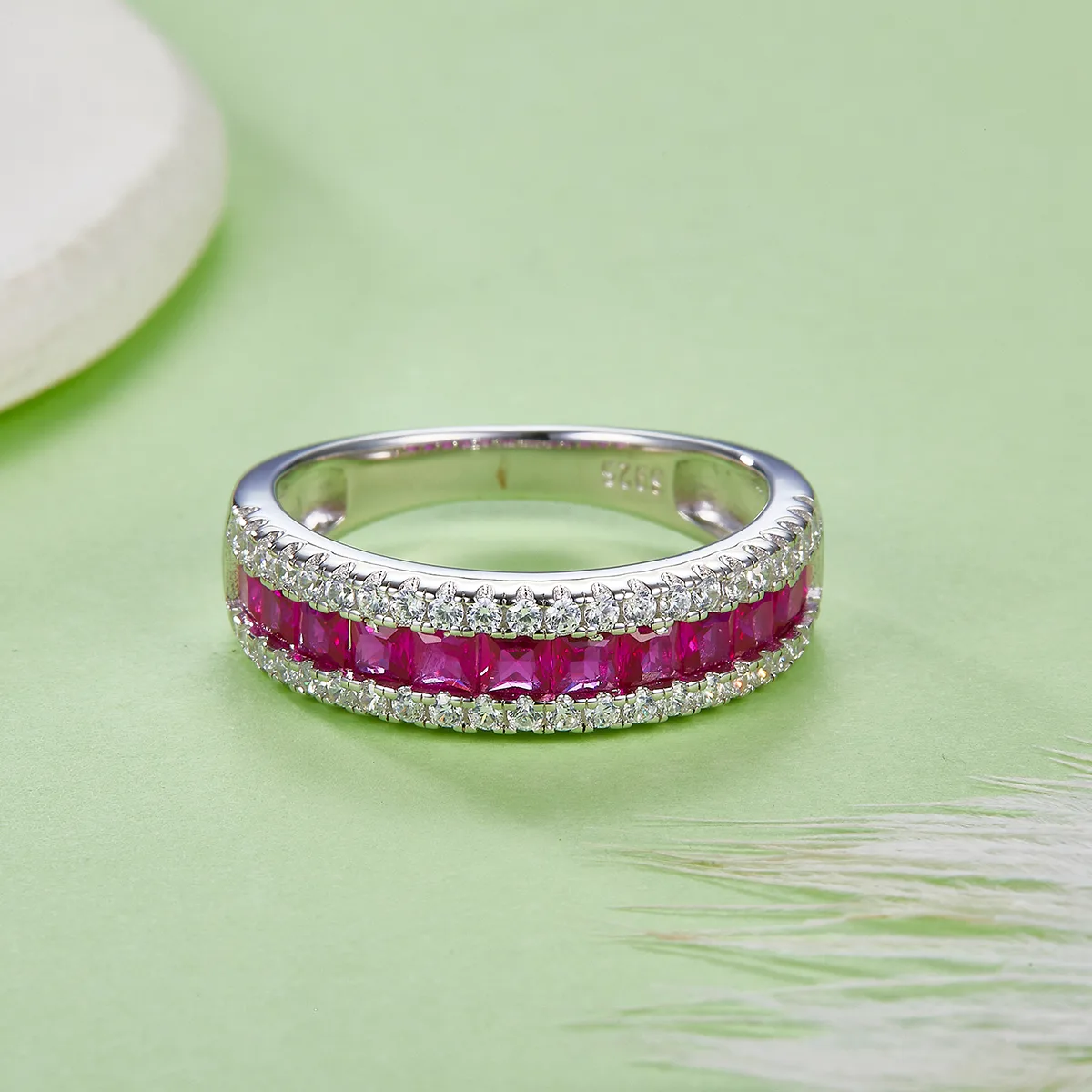R1074 S925 Silver 18K White Gold Lab-Grown Gemstone Wedding Band