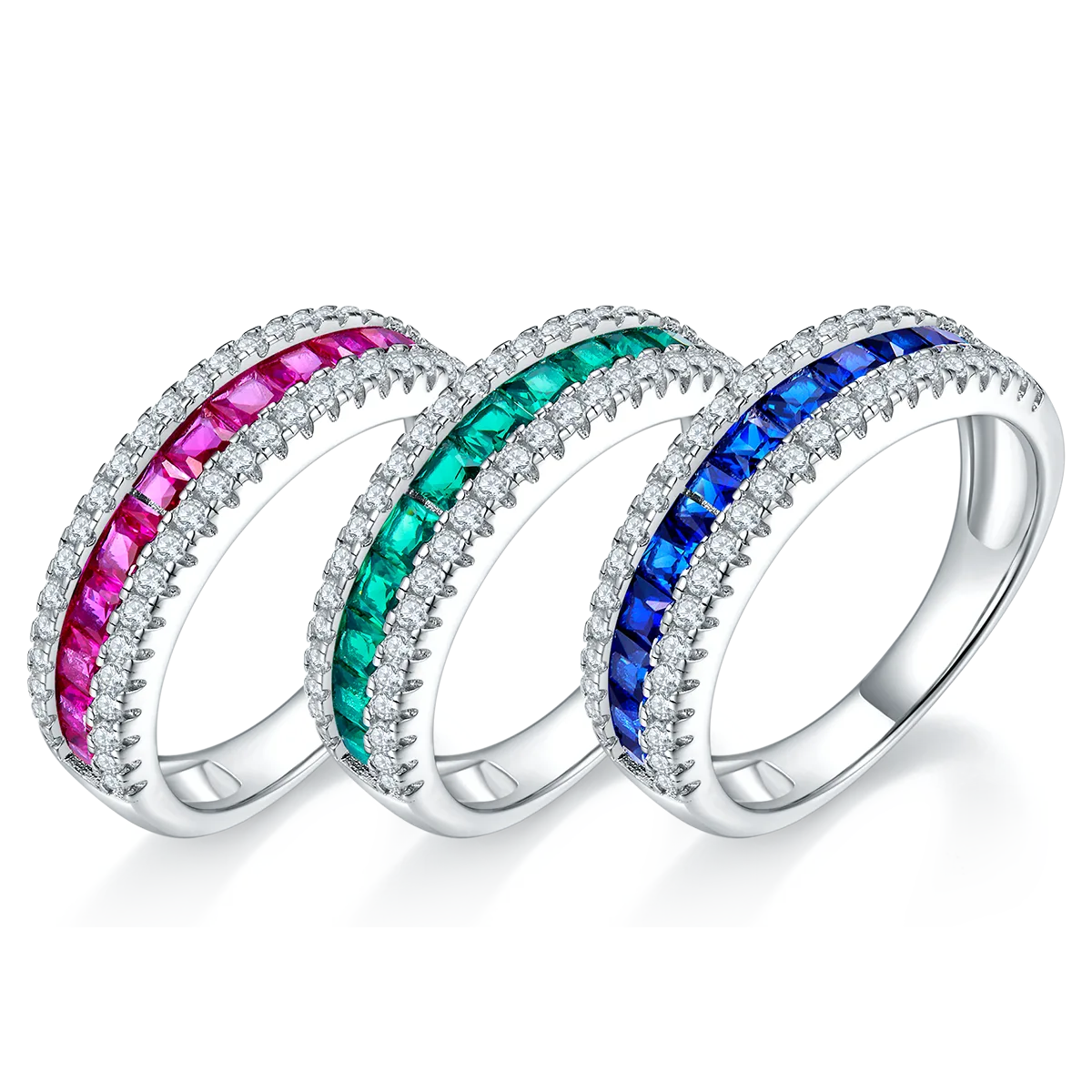 R1074 S925 Silver 18K White Gold Lab-Grown Gemstone Wedding Band
