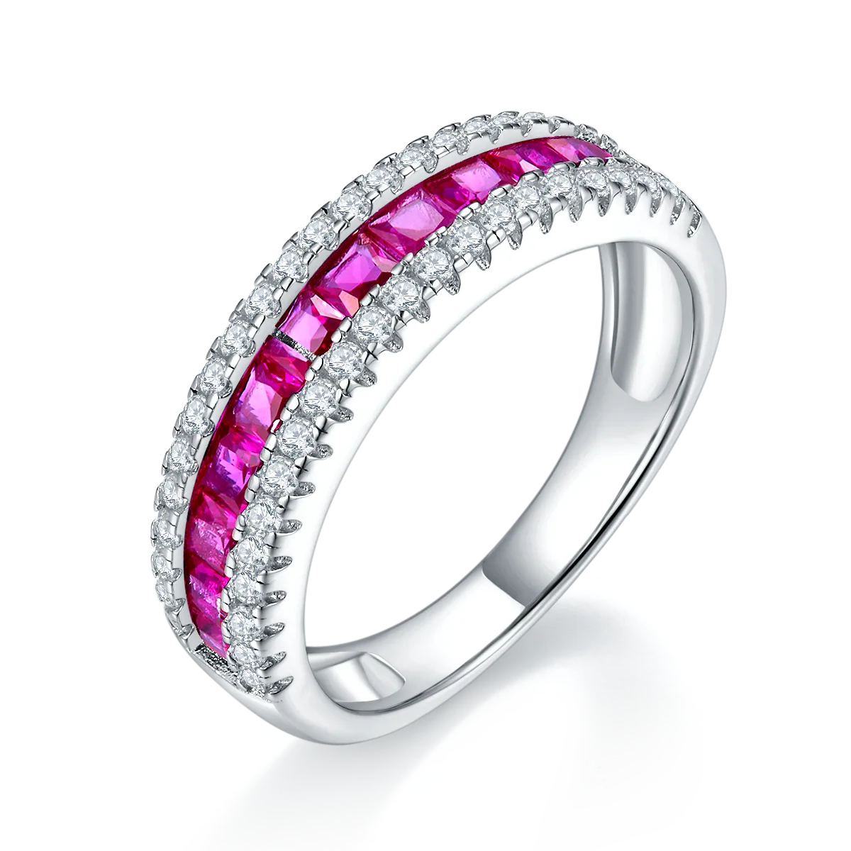 R1074 S925 Silver 18K White Gold Lab-Grown Gemstone Wedding Band