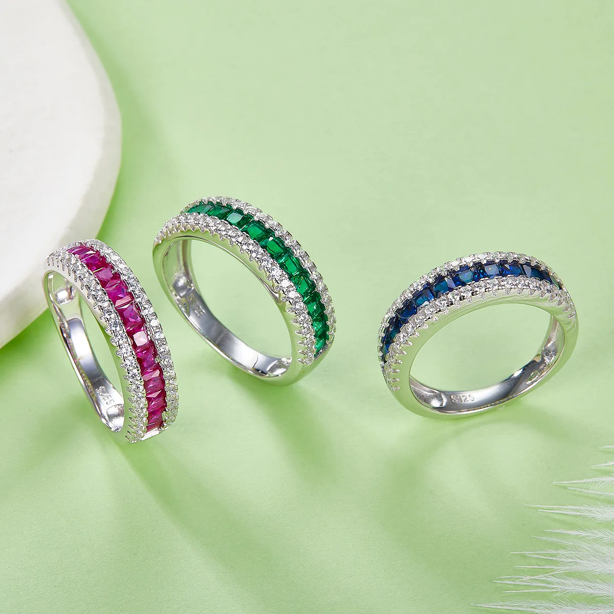 R1074 S925 Silver 18K White Gold Lab-Grown Gemstone Wedding Band