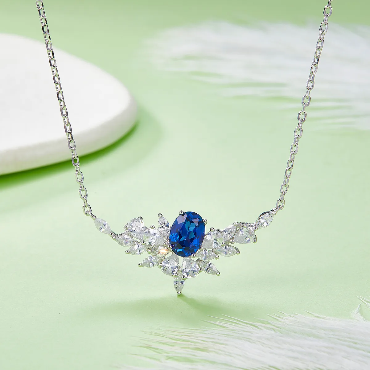 P1474 925 Silver 18K White Gold Oval Lab-Grown Gemstone Necklace Center Stone 8*6mm/1.6ct
