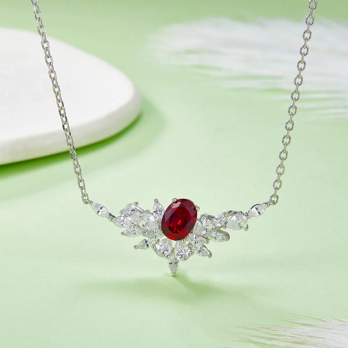 P1474 925 Silver 18K White Gold Oval Lab-Grown Gemstone Necklace Center Stone 8*6mm/1.6ct