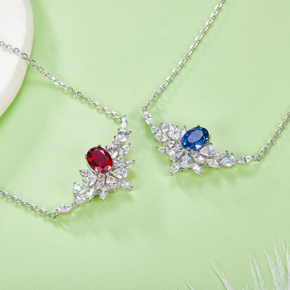P1474 925 Silver 18K White Gold Oval Lab-Grown Gemstone Necklace Center Stone 8*6mm/1.6ct