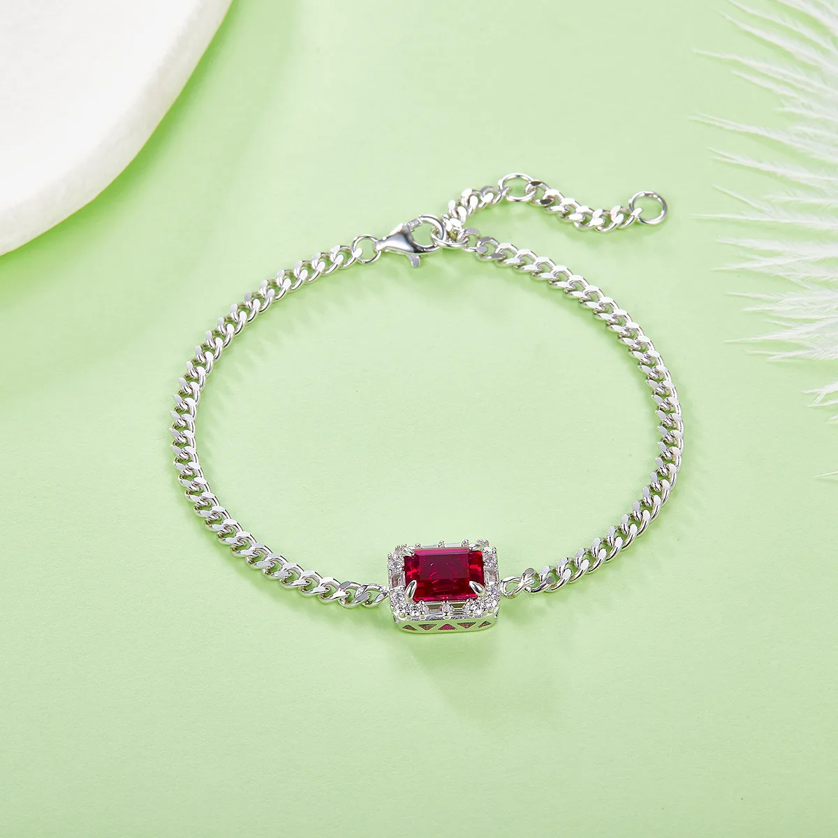 B5521 S925 Silver 18K White Gold Emerald Cut Lab-Grown Ruby Bracelet