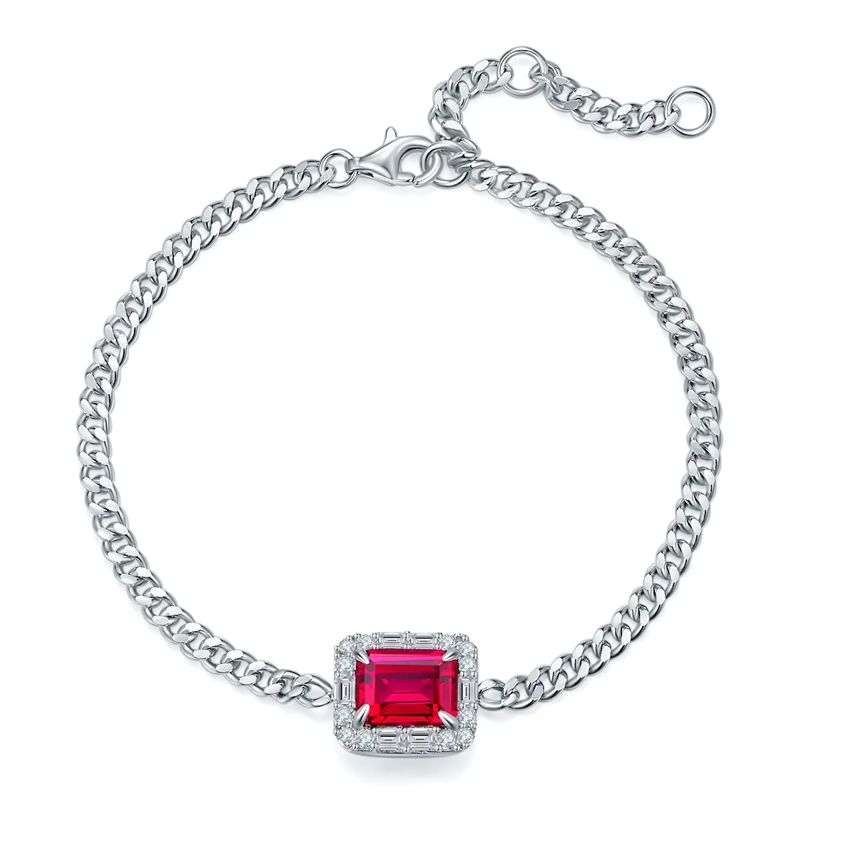 B5521 S925 Silver 18K White Gold Emerald Cut Lab-Grown Ruby Bracelet