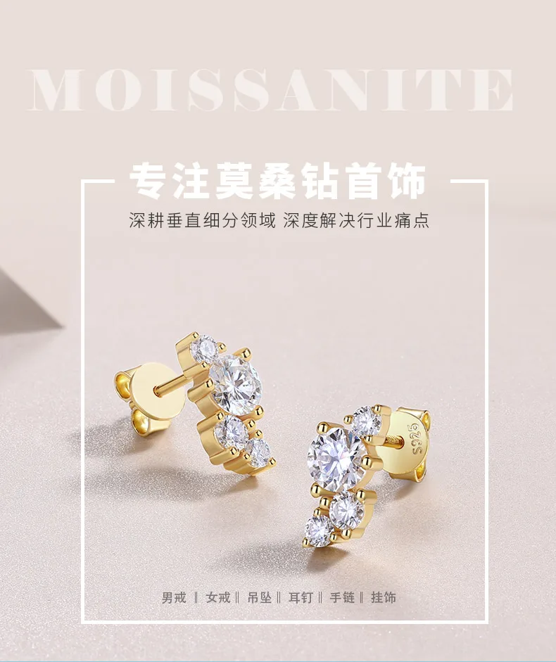 E15154 S925 Silver 18K Yellow Gold Stud Earrings Round Moissanite 1.44CT detail 