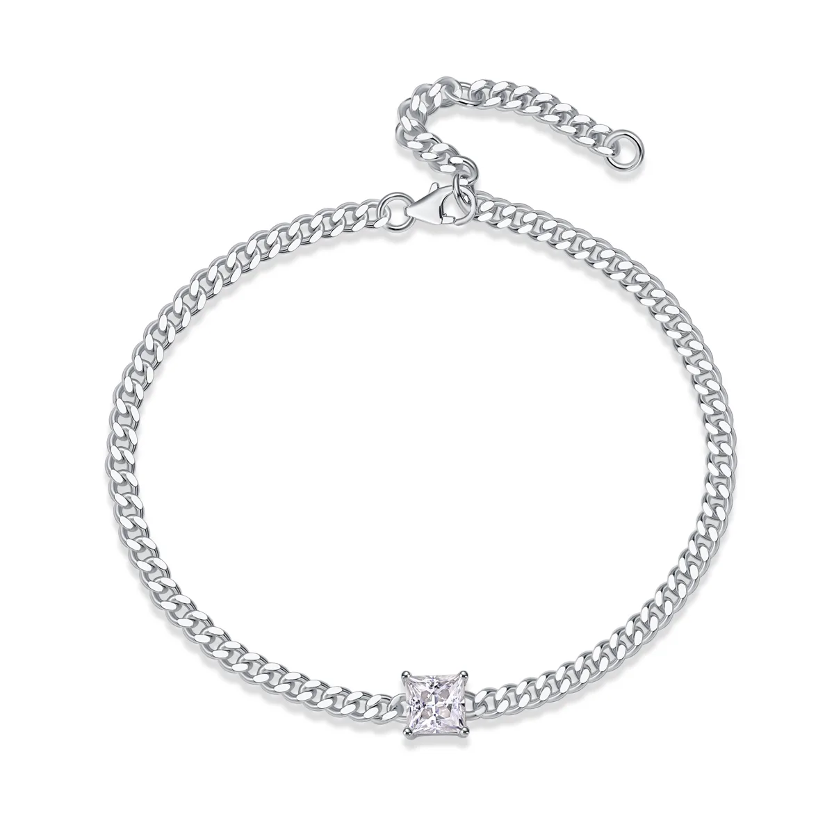 L13115 S925 Silver 18K White Gold Princess Moissanite Cuban Bracelet 1.0CT