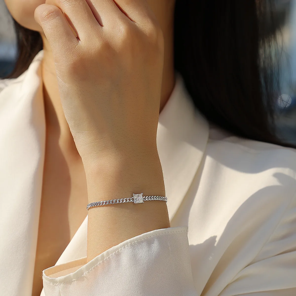 L13115 S925 Silver 18K White Gold Princess Moissanite Cuban Bracelet 1.0CT