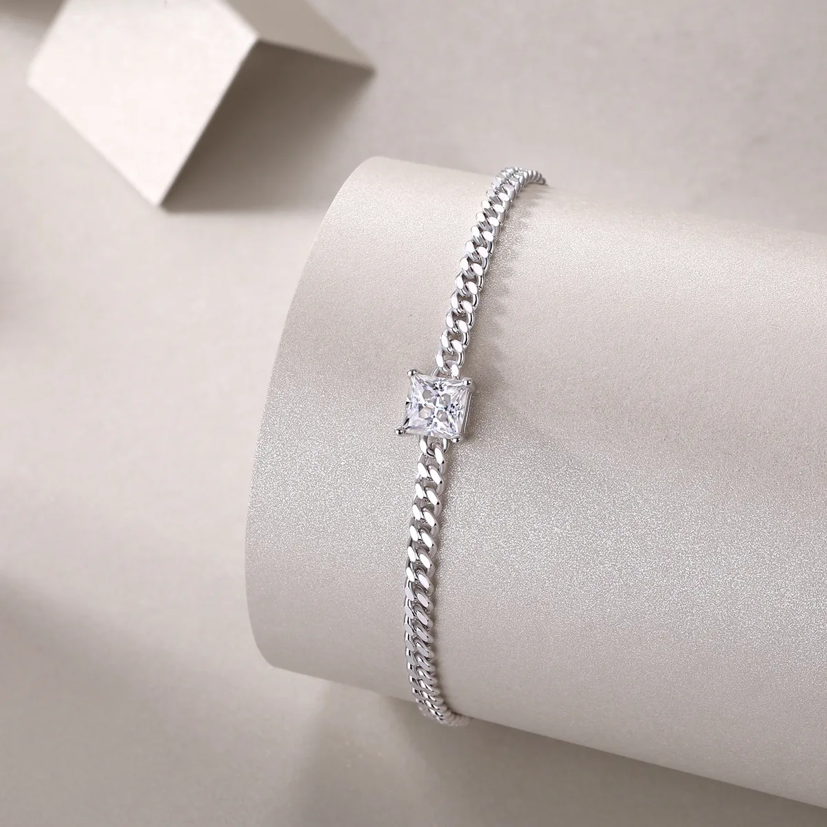L13115 S925 Silver 18K White Gold Princess Moissanite Cuban Bracelet 1.0CT