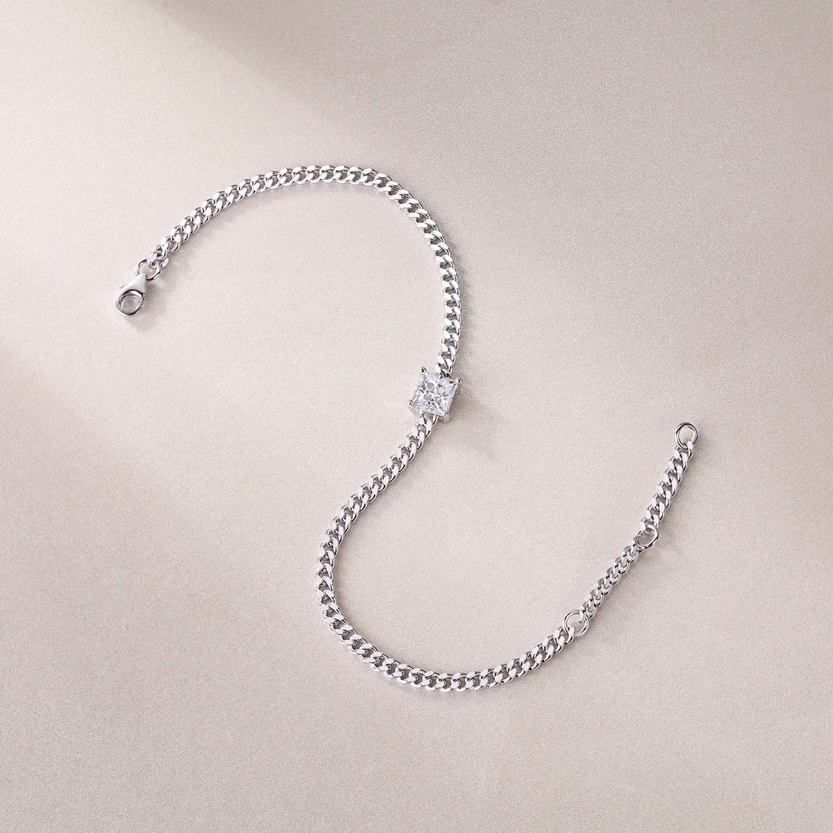 L13115 S925 Silver 18K White Gold Princess Moissanite Cuban Bracelet 1.0CT