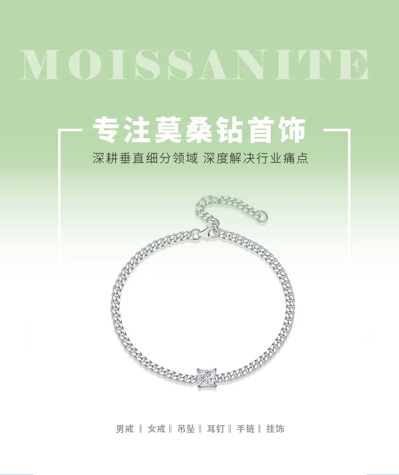 L13115 S925 Silver 18K White Gold Princess Moissanite Cuban Bracelet 1.0CT detai