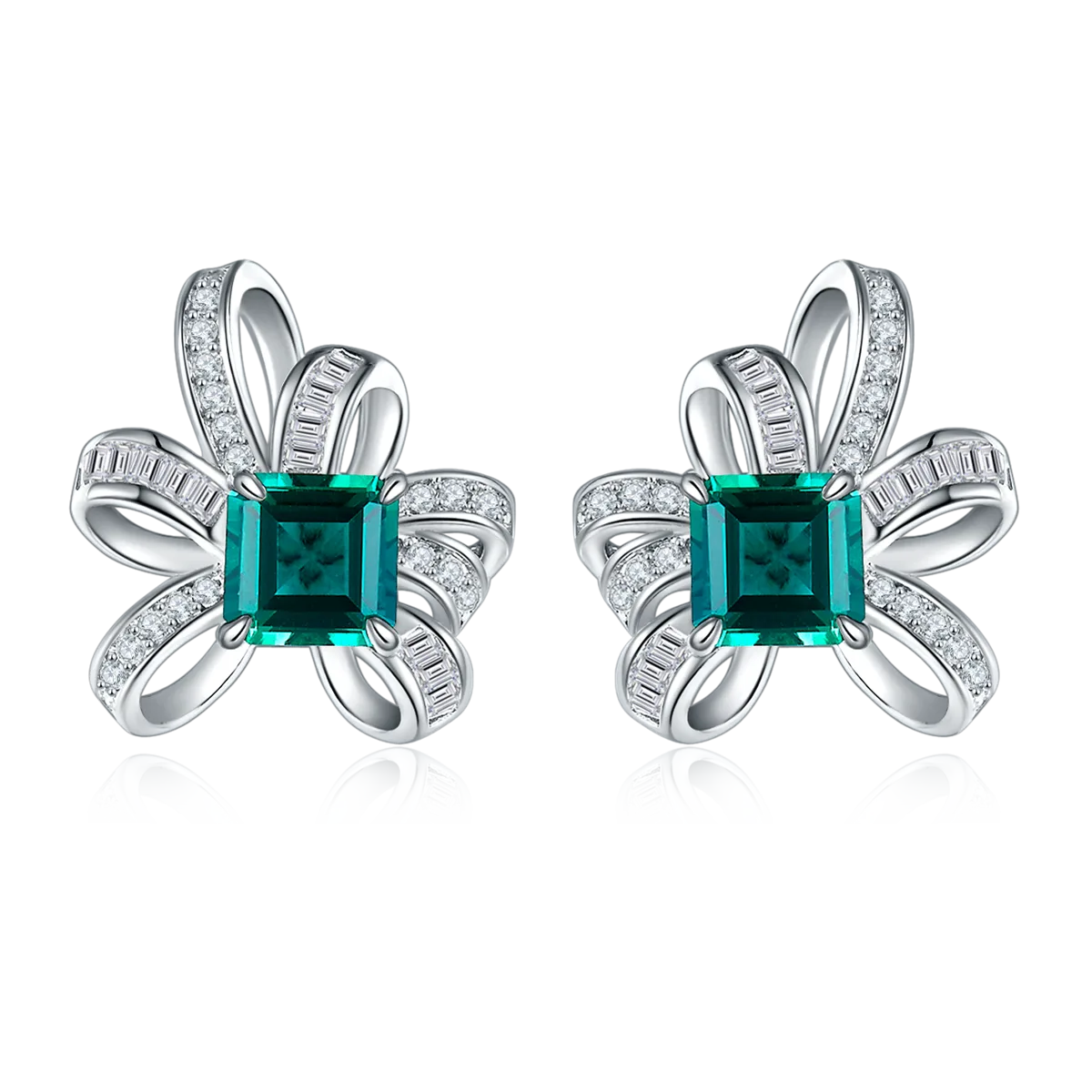 E1917991 925 Silver 18K White Gold Emerald Cut Lab-Grown Gemstone Earrings Center Stone 6*6mm