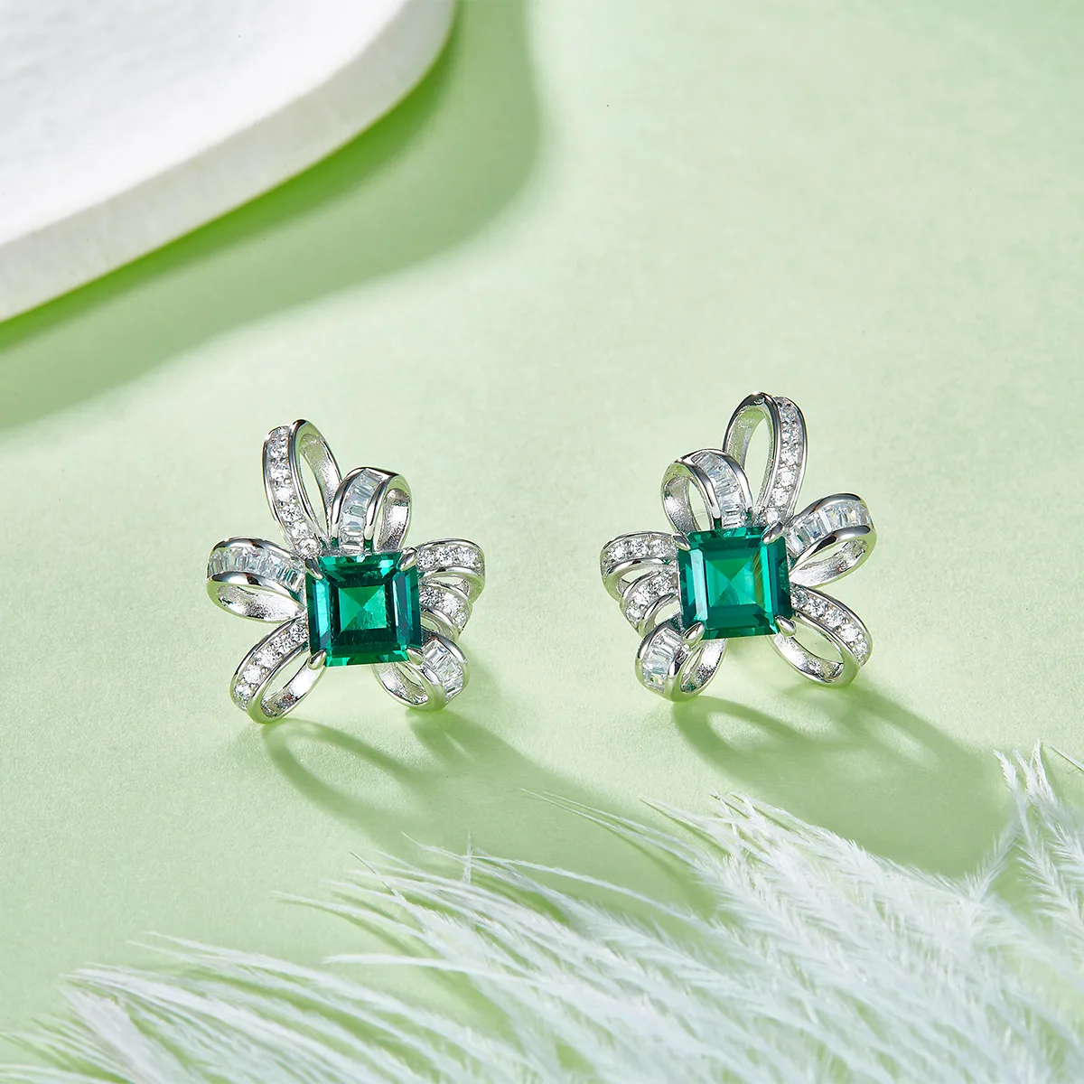 E1917991 925 Silver 18K White Gold Emerald Cut Lab-Grown Gemstone Earrings Center Stone 6*6mm