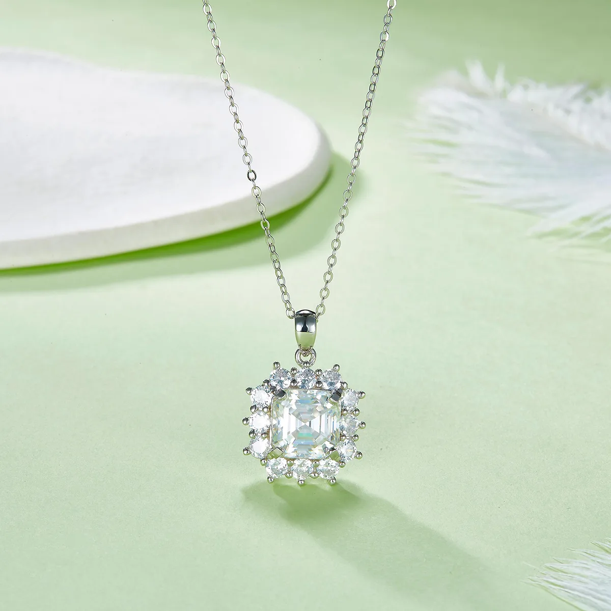P220622038 S925 Silver 18K White Gold Asscher Moissanite Necklace 9*9mm/4.0CT