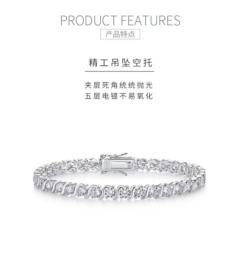 L13872 S925 Silver 18K White Gold Round Moissanite Clasp Full Diamond Bracelet 0