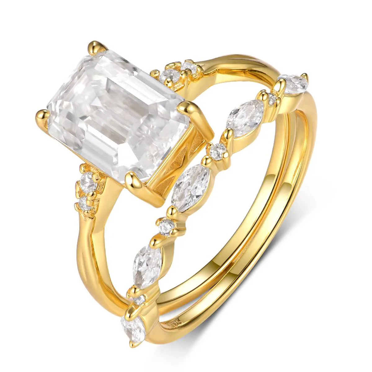 MR0085 Bridal Ring Set S925 Silver 18K Yellow Gold Emerald Cut Moissanite Delicate Ring Set Center Stone 10*7mm/3.5CT