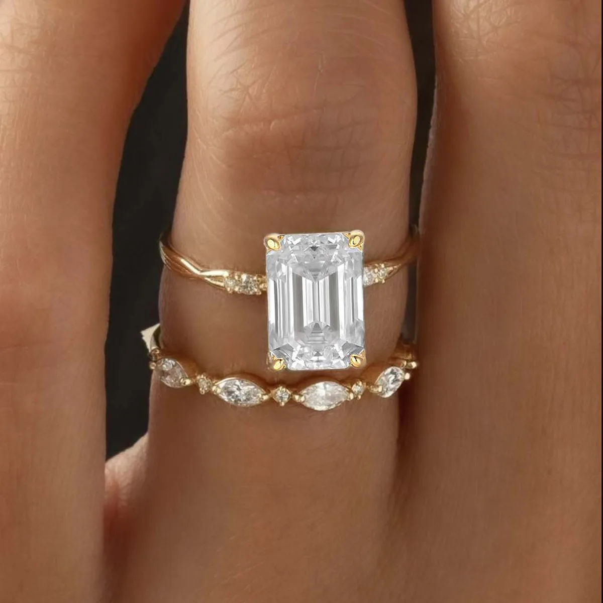 MR0085 Bridal Ring Set S925 Silver 18K Yellow Gold Emerald Cut Moissanite Delicate Ring Set Center Stone 10*7mm/3.5CT