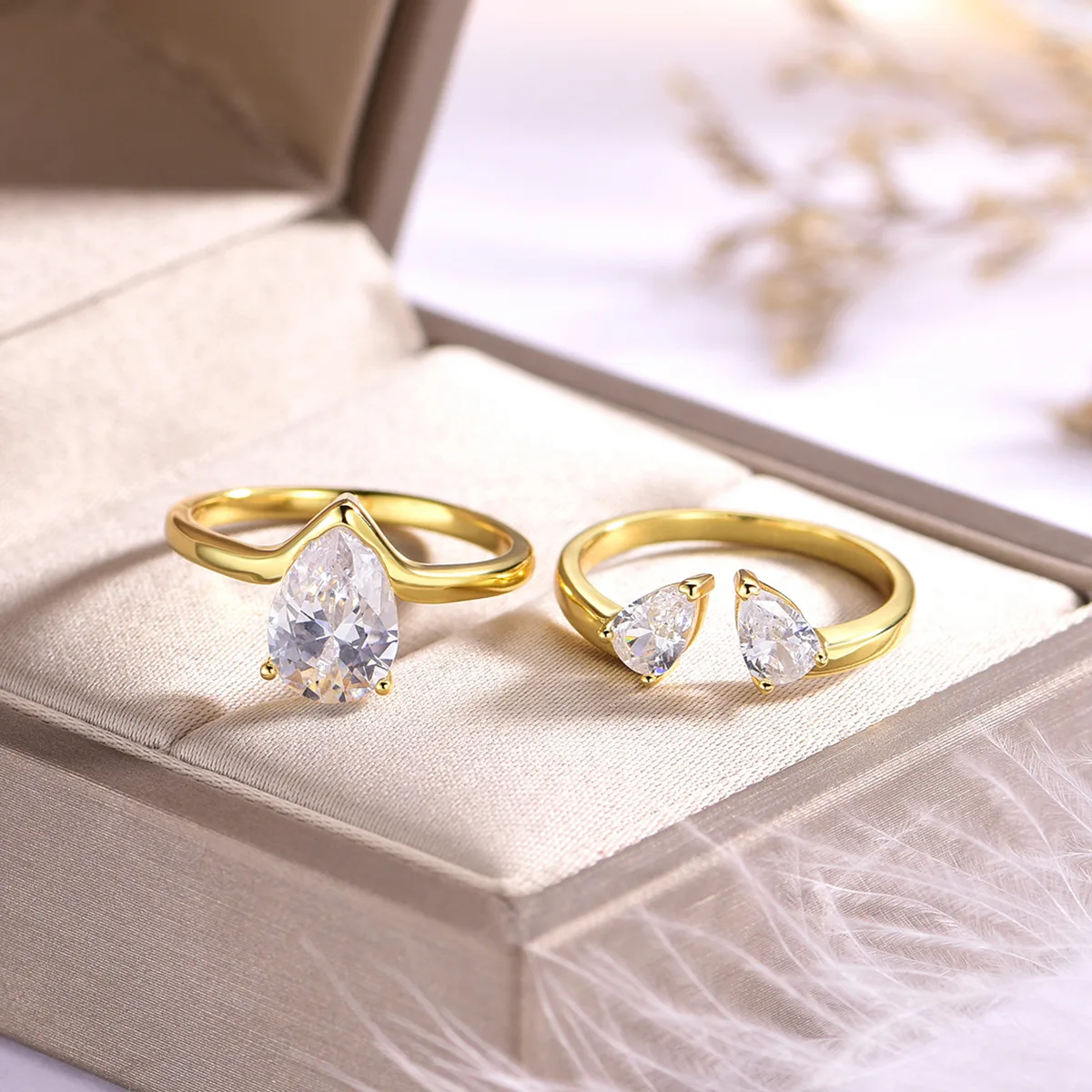 MR0105 S925 Silver 18K Yellow Gold Teardrop Moissanite Minimalist Couple Ring Set Center Stone 9*7mm/1.75CT