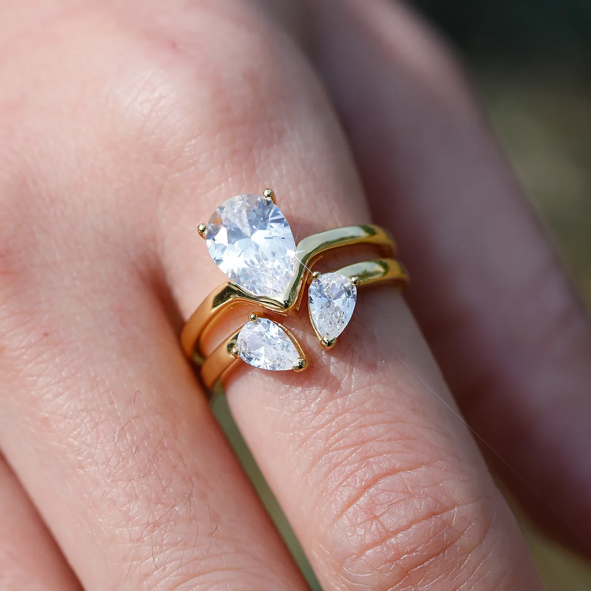 MR0105 S925 Silver 18K Yellow Gold Teardrop Moissanite Minimalist Couple Ring Set Center Stone 9*7mm/1.75CT