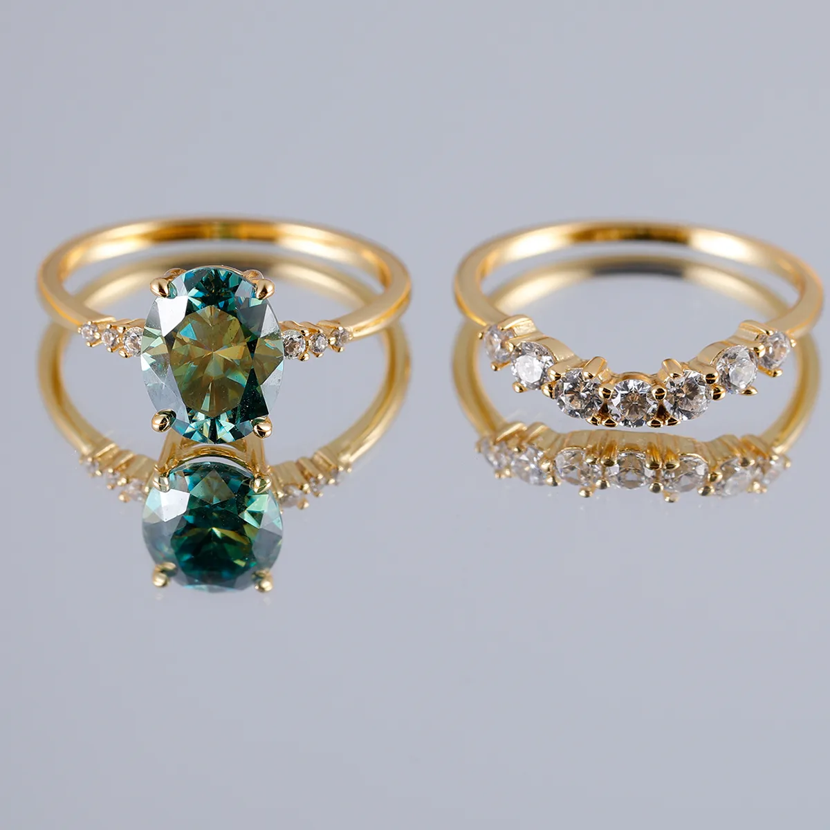MR0088 Bridal Ring Set S925 Silver 18K Yellow Gold Blue Green Oval Moissanite Ring Set Center Stone 9*7mm/2.0CT
