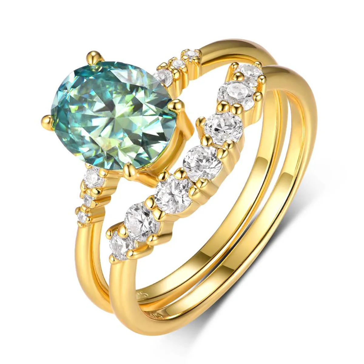 MR0088 Bridal Ring Set S925 Silver 18K Yellow Gold Blue Green Oval Moissanite Ring Set Center Stone 9*7mm/2.0CT