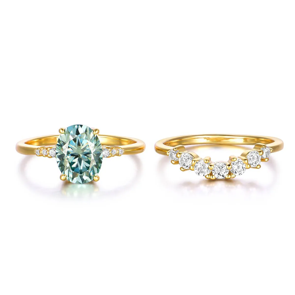MR0088 Bridal Ring Set S925 Silver 18K Yellow Gold Blue Green Oval Moissanite Ring Set Center Stone 9*7mm/2.0CT