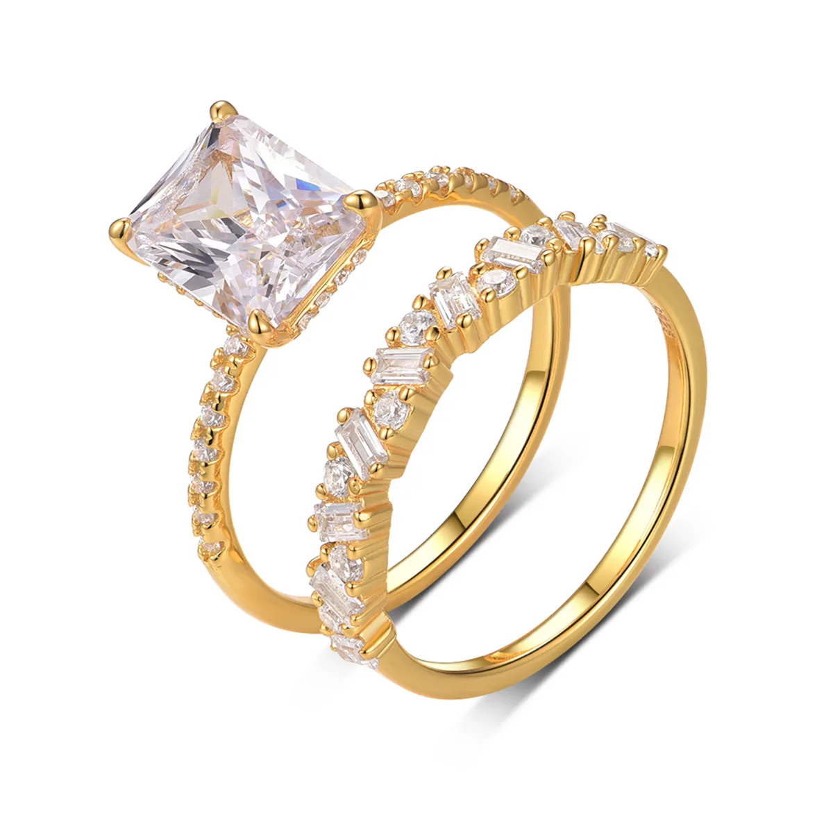 MR0131 S925 Silver 18K Yellow Gold Emerald Cut Moissanite Delicate Bridal Ring Set Center Stone 9*7mm/3.0CT
