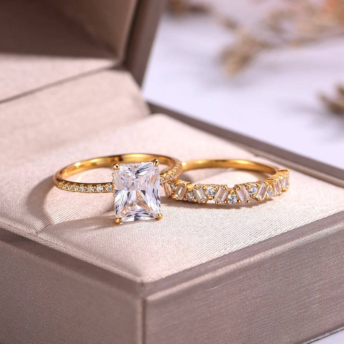 MR0131 S925 Silver 18K Yellow Gold Emerald Cut Moissanite Delicate Bridal Ring Set Center Stone 9*7mm/3.0CT