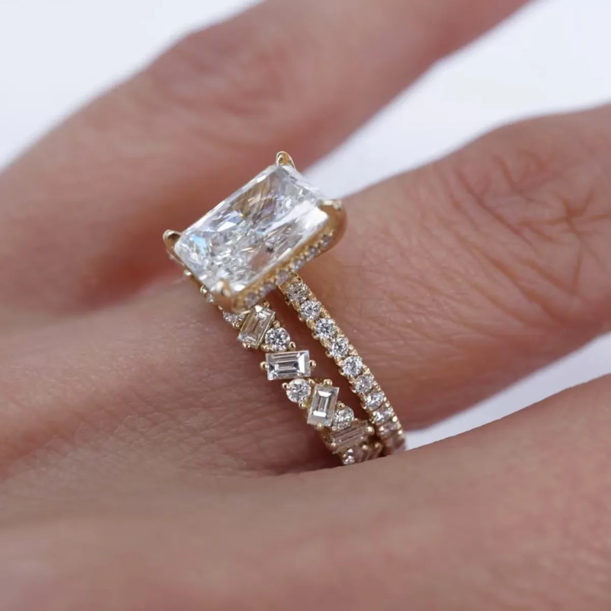 MR0131 S925 Silver 18K Yellow Gold Emerald Cut Moissanite Delicate Bridal Ring Set Center Stone 9*7mm/3.0CT