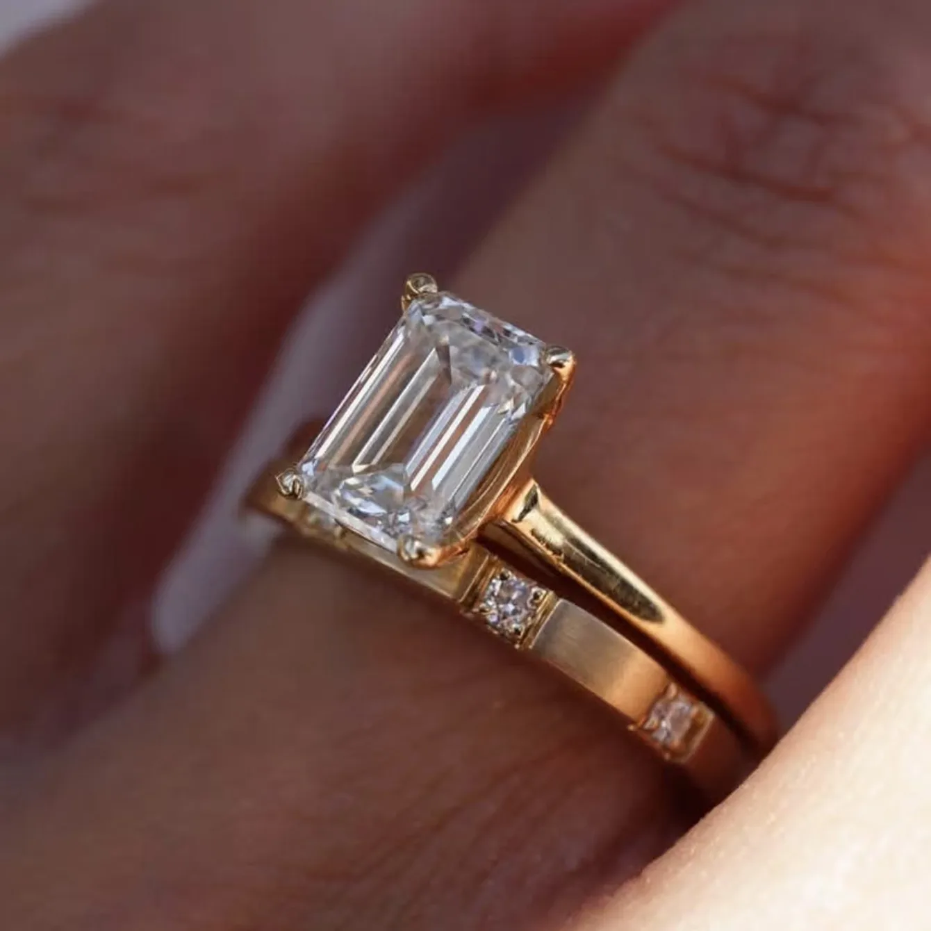 MR0118 S925 Silver 18K Yellow Gold Emerald Cut Moissanite Minimalist Bridal Ring Set Center Stone 9*7mm/3.0CT