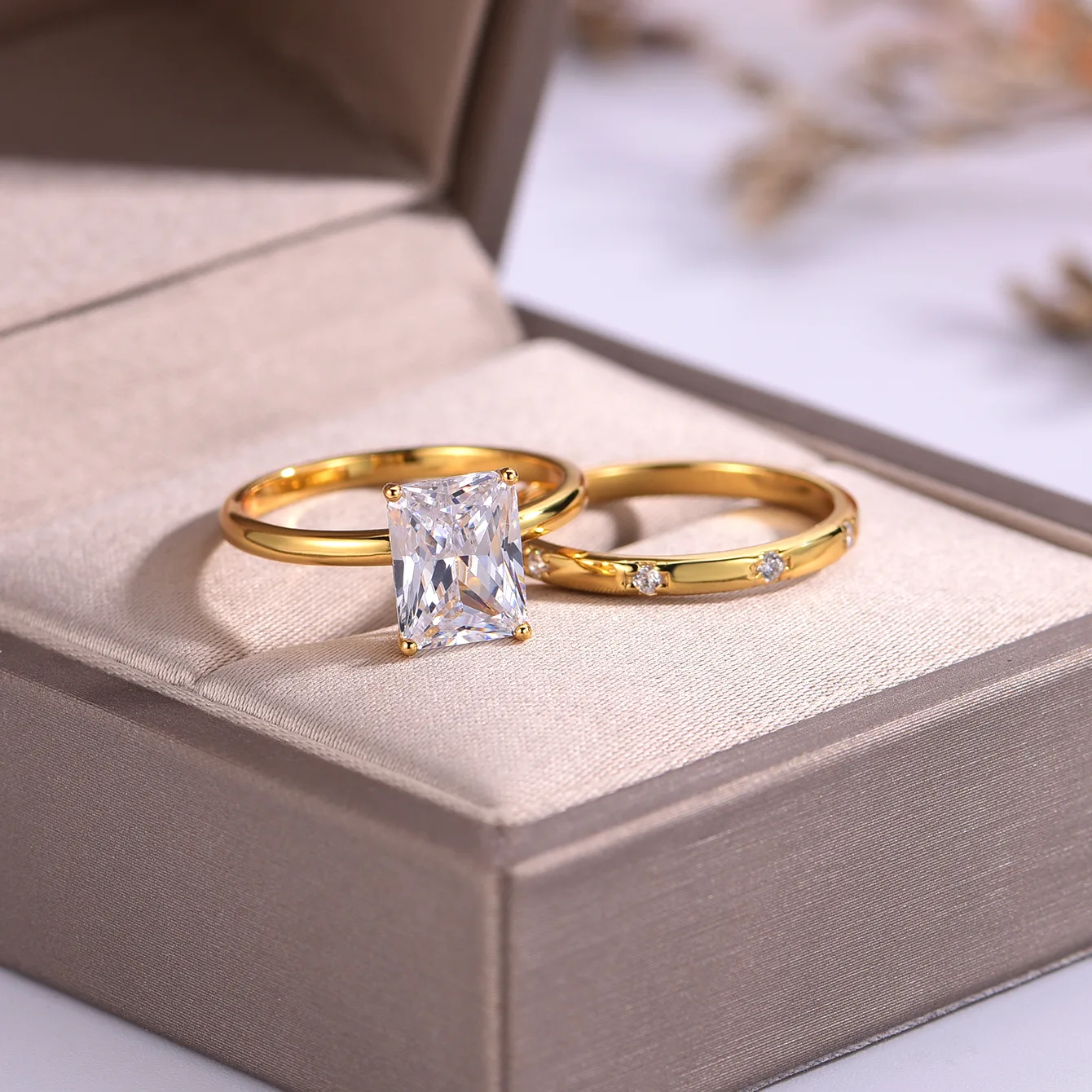 MR0118 S925 Silver 18K Yellow Gold Emerald Cut Moissanite Minimalist Bridal Ring Set Center Stone 9*7mm/3.0CT