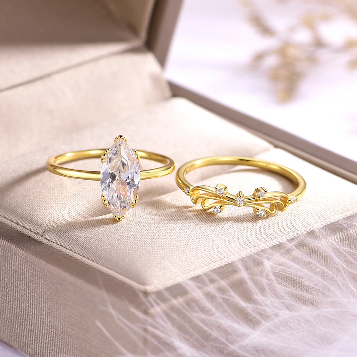 MR0108 Bridal Ring Set S925 Silver 18K Yellow Gold Marquise Moissanite Delicate Ring Set Center Stone 12*6mm/2.0CT