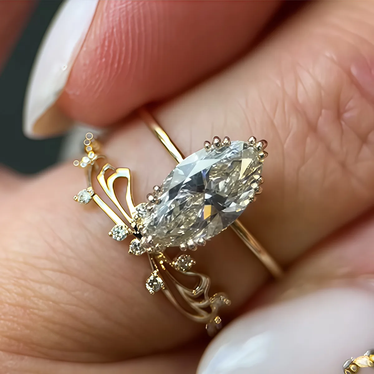 MR0108 Bridal Ring Set S925 Silver 18K Yellow Gold Marquise Moissanite Delicate Ring Set Center Stone 12*6mm/2.0CT