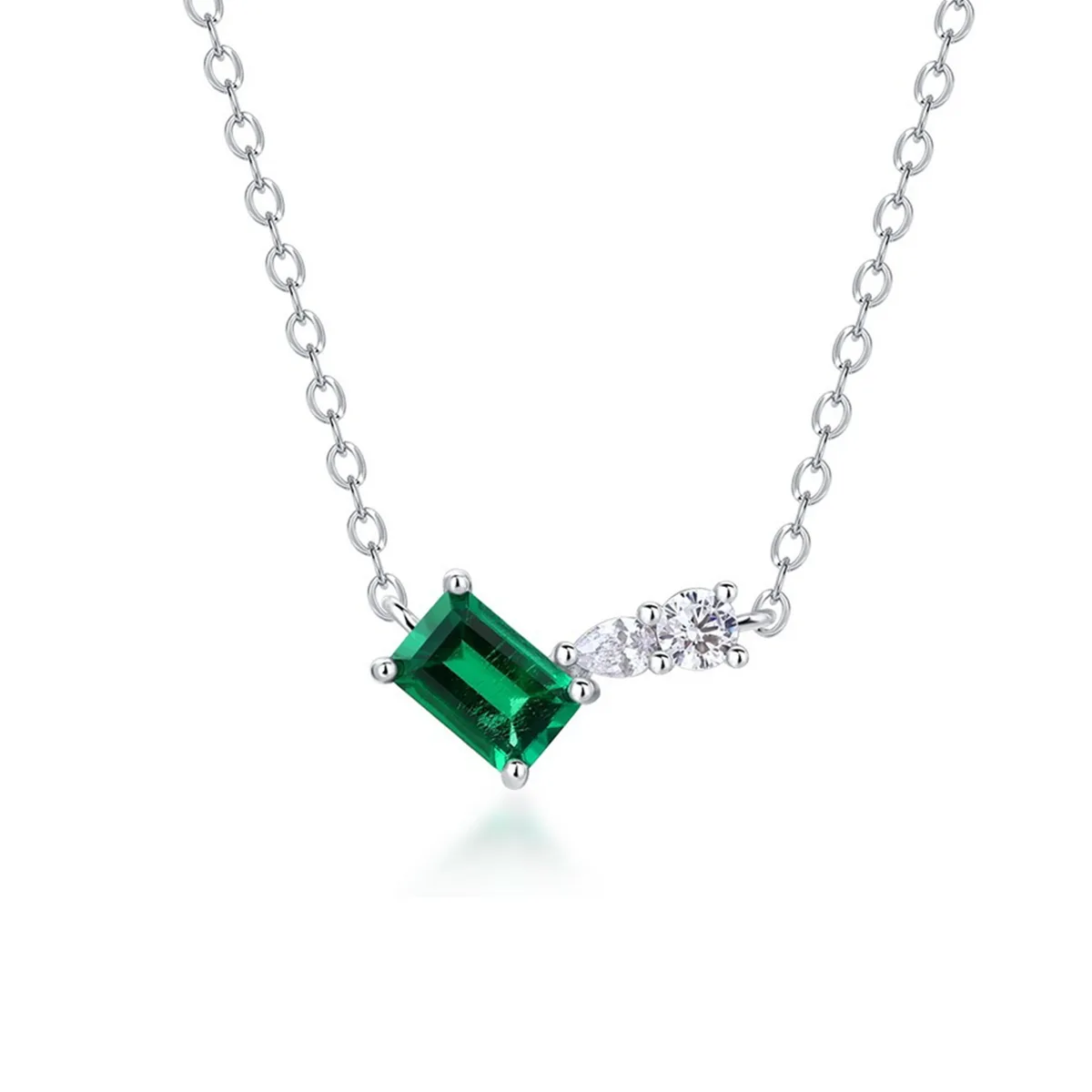 P5508R S925 Silver 18K White Gold Emerald Cut Lab-Grown Gemstone Necklace Center Stone 6*4mm