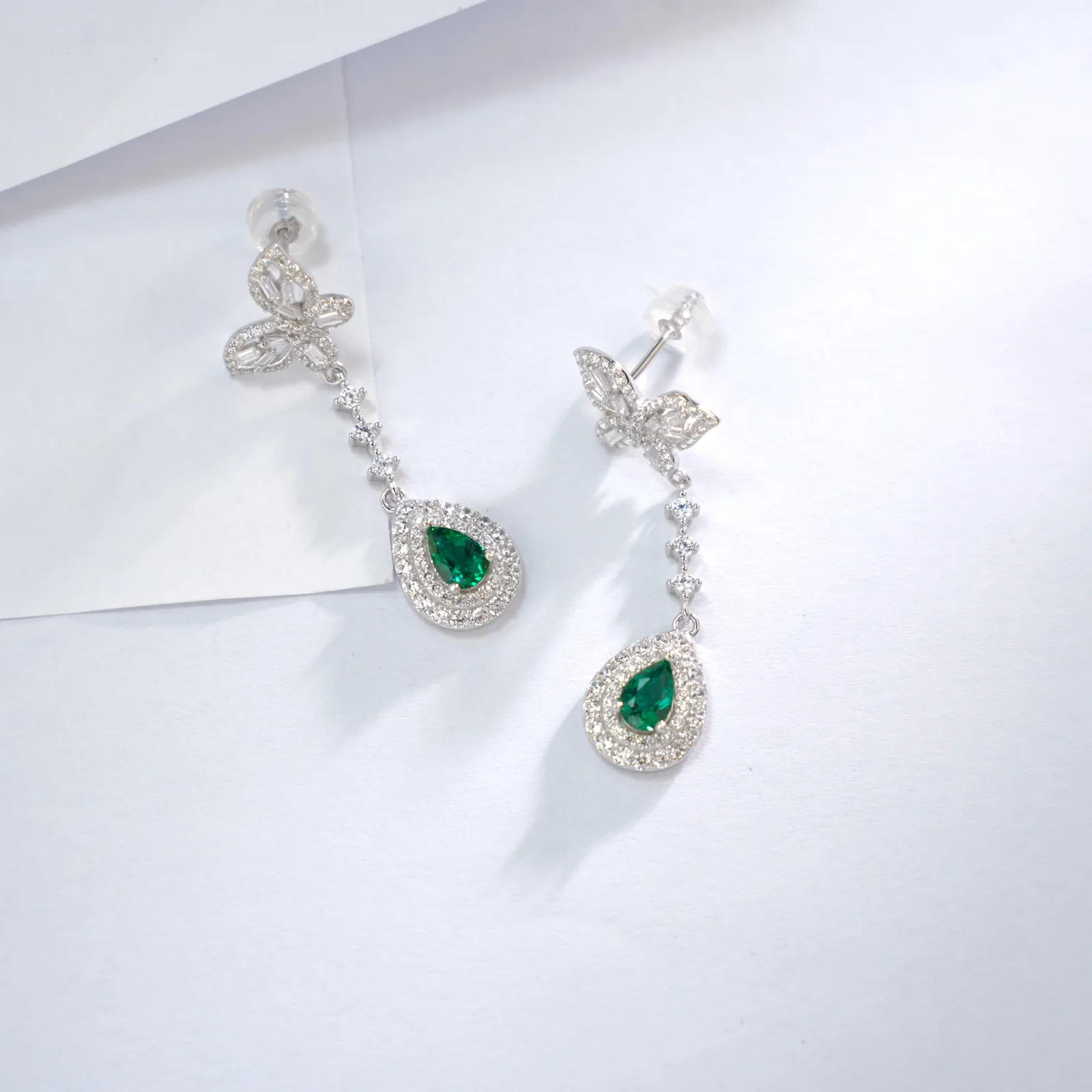 E0039 S925 Silver 18K White Gold Pear Lab-Grown Gemstone Pendant Style Butterfly Earrings Center Stone 6*4mm/ Stones