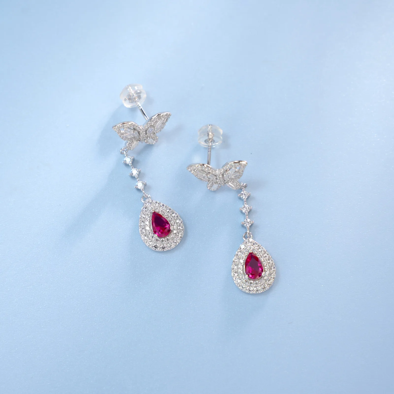 E0039 S925 Silver 18K White Gold Pear Lab-Grown Gemstone Pendant Style Butterfly Earrings Center Stone 6*4mm/ Stones