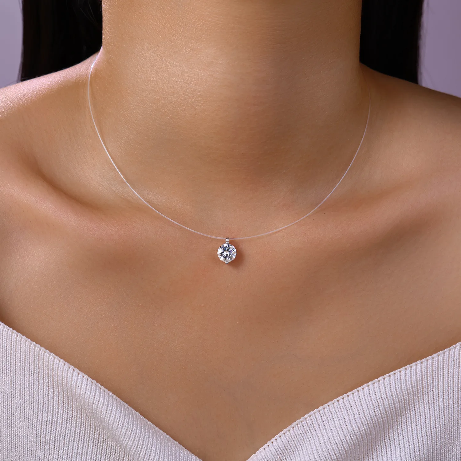 N15834 S925 Silver 18K White Gold Minimalist Invisible Ultra-Brilliant Moissanite Necklace Collarbone Chain Cord Pendant