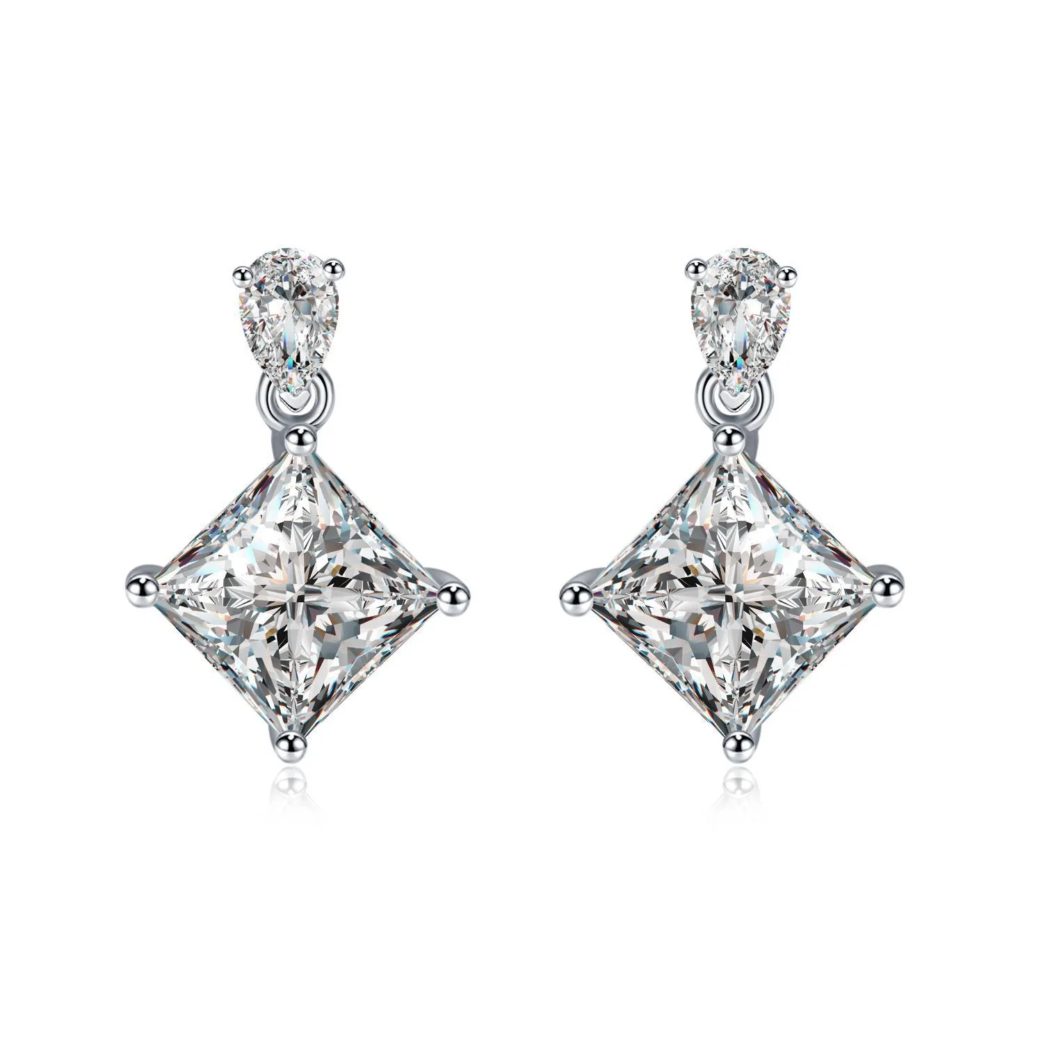 E210220011 S925 Silver 18K White Gold Princess Moissanite Stud Earrings Center Stone 5.5mm/1.0ct/ Stones