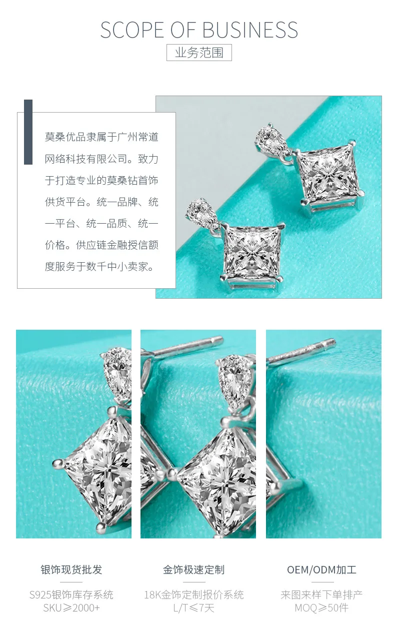 E210220011 S925 Silver 18K White Gold Princess Moissanite Stud Earrings Center S