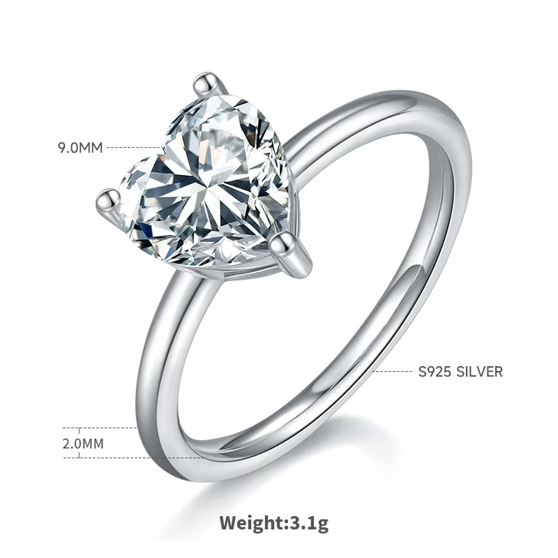 Classic Heart S925 White-Gold-Plated Silver Moissanite Wedding Band Women's Ring 3.0ct D