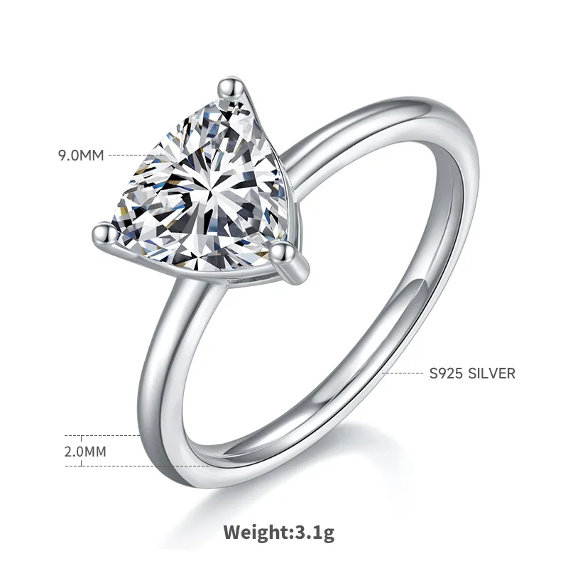Classic Trilliant S925 White-Gold-Plated Silver Moissanite Engagement Ring Women's Ring 3.0ct D