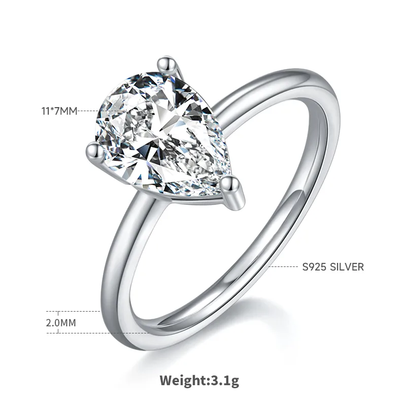 Classic Pear S925 White-Gold-Plated Silver Moissanite Wedding Band Women's Ring 3.0ct D