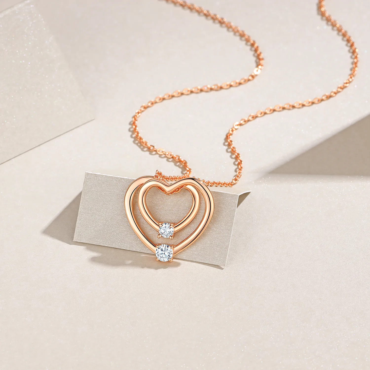 P15646 S925 Silver 18K Rose Gold Double Heart Moissanite Necklace 0.5mm