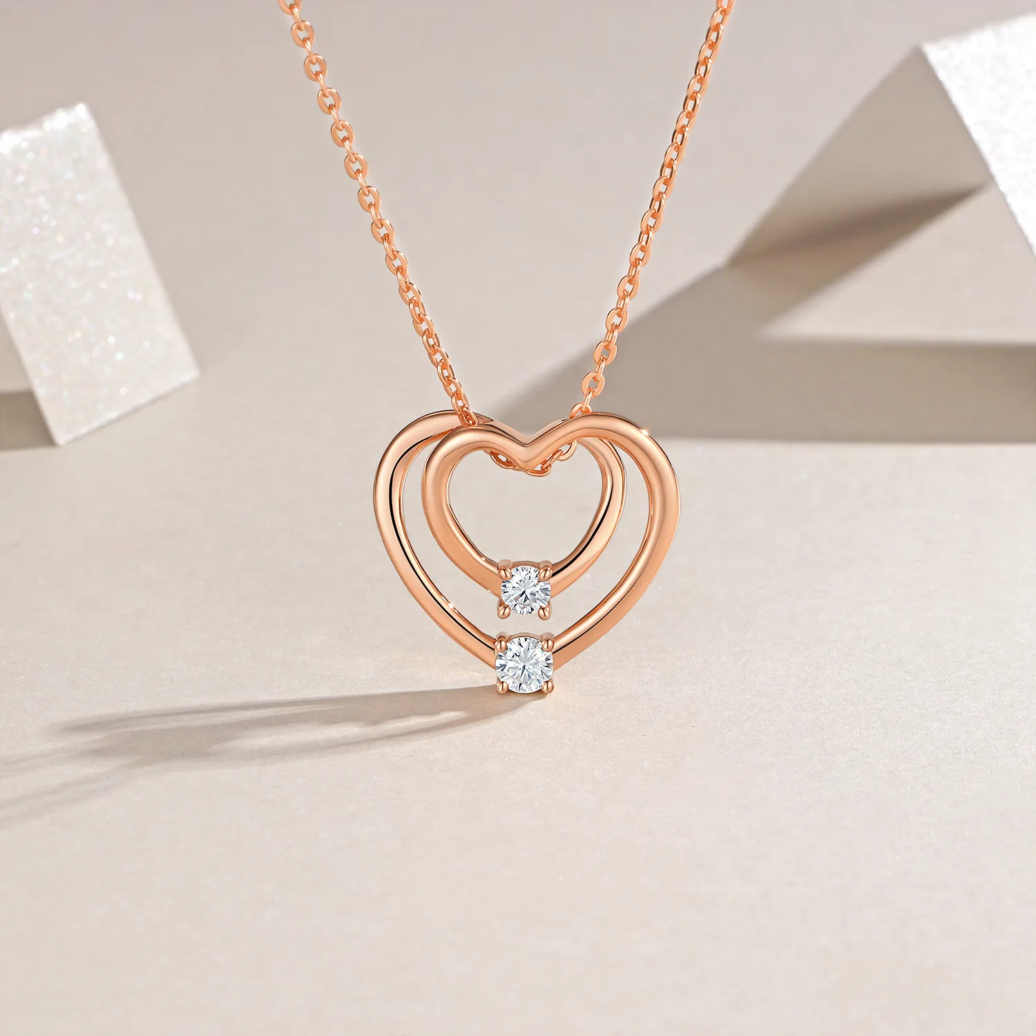 P15646 S925 Silver 18K Rose Gold Double Heart Moissanite Necklace 0.5mm