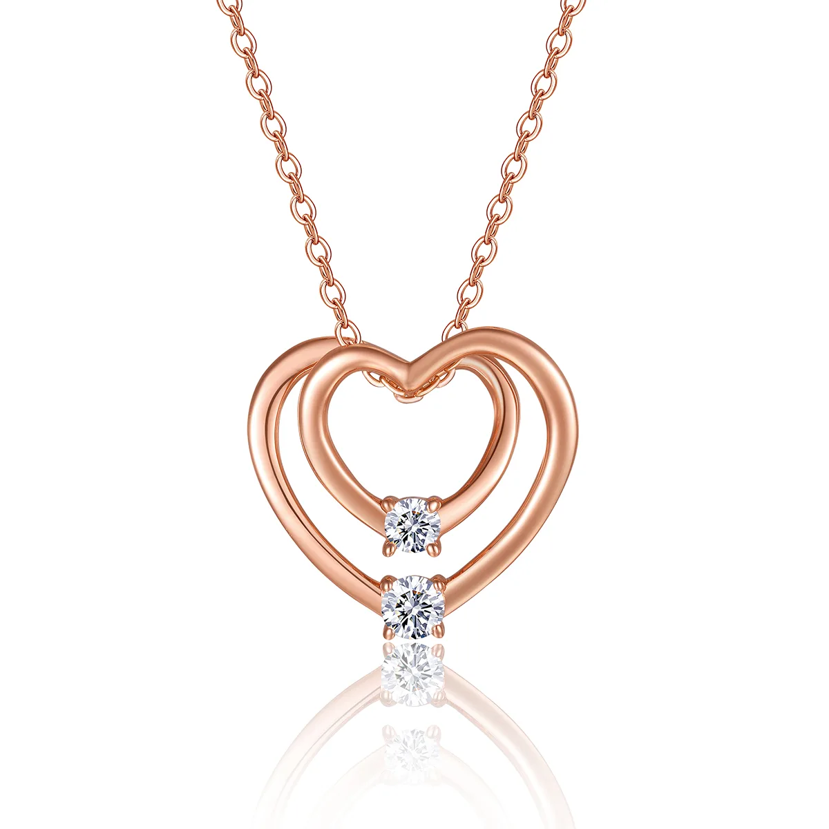 P15646 S925 Silver 18K Rose Gold Double Heart Moissanite Necklace 0.5mm