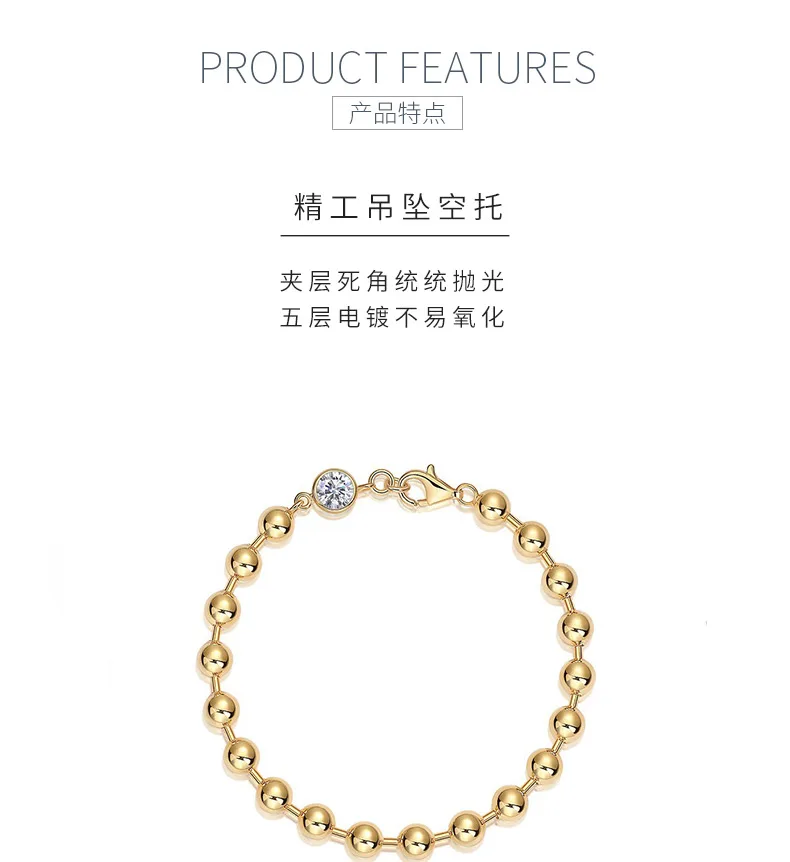 L15136 S925 Silver 18K Yellow Gold Round Bead Moissanite Bracelet 1.0ct detail 5