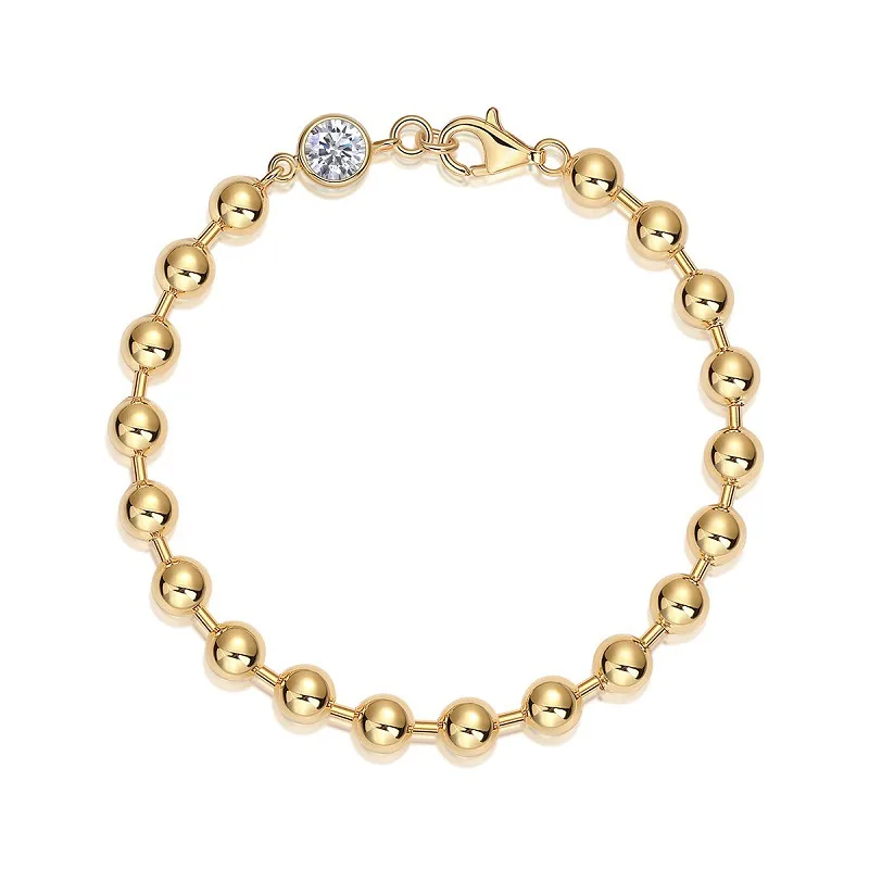 L15136 S925 Silver 18K Yellow Gold Round Bead Moissanite Bracelet 1.0ct