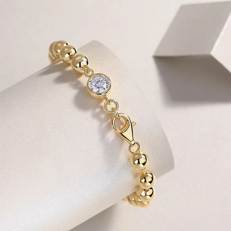L15136 S925 Silver 18K Yellow Gold Round Bead Moissanite Bracelet 1.0ct