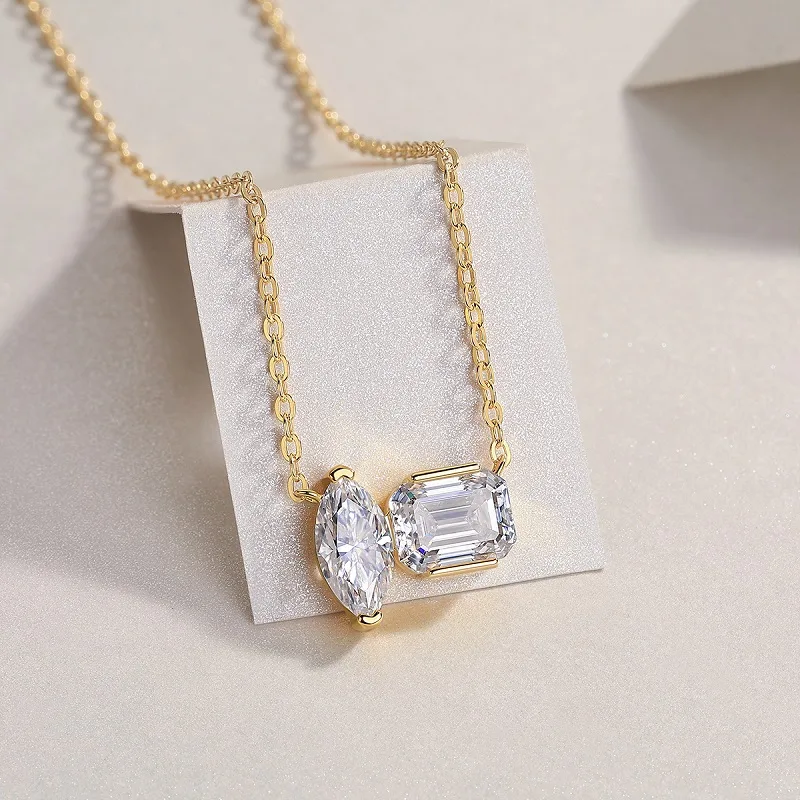 N14918 S925 Silver 18K Yellow Gold Two-Stone Minimalist Necklace 3.0ct