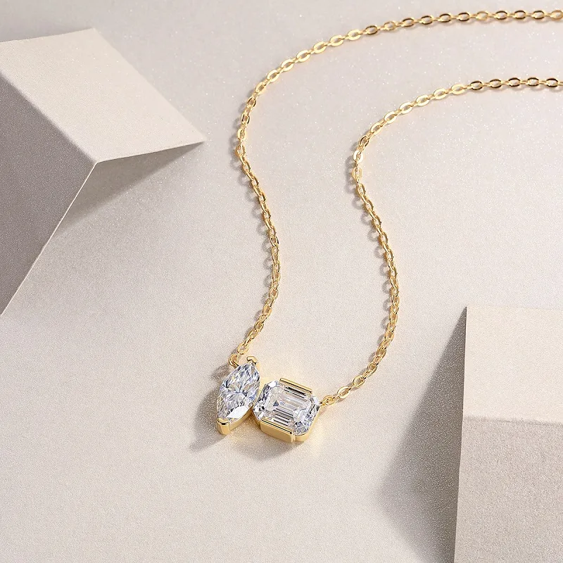 N14918 S925 Silver 18K Yellow Gold Two-Stone Minimalist Necklace 3.0ct